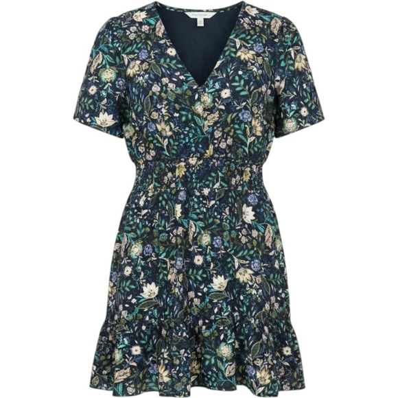 Maurices Dresses & Skirts - Maurices Women 3X Floral V-Neck Smocked Waist Ruffle Hem Mini Dress Navy Blue